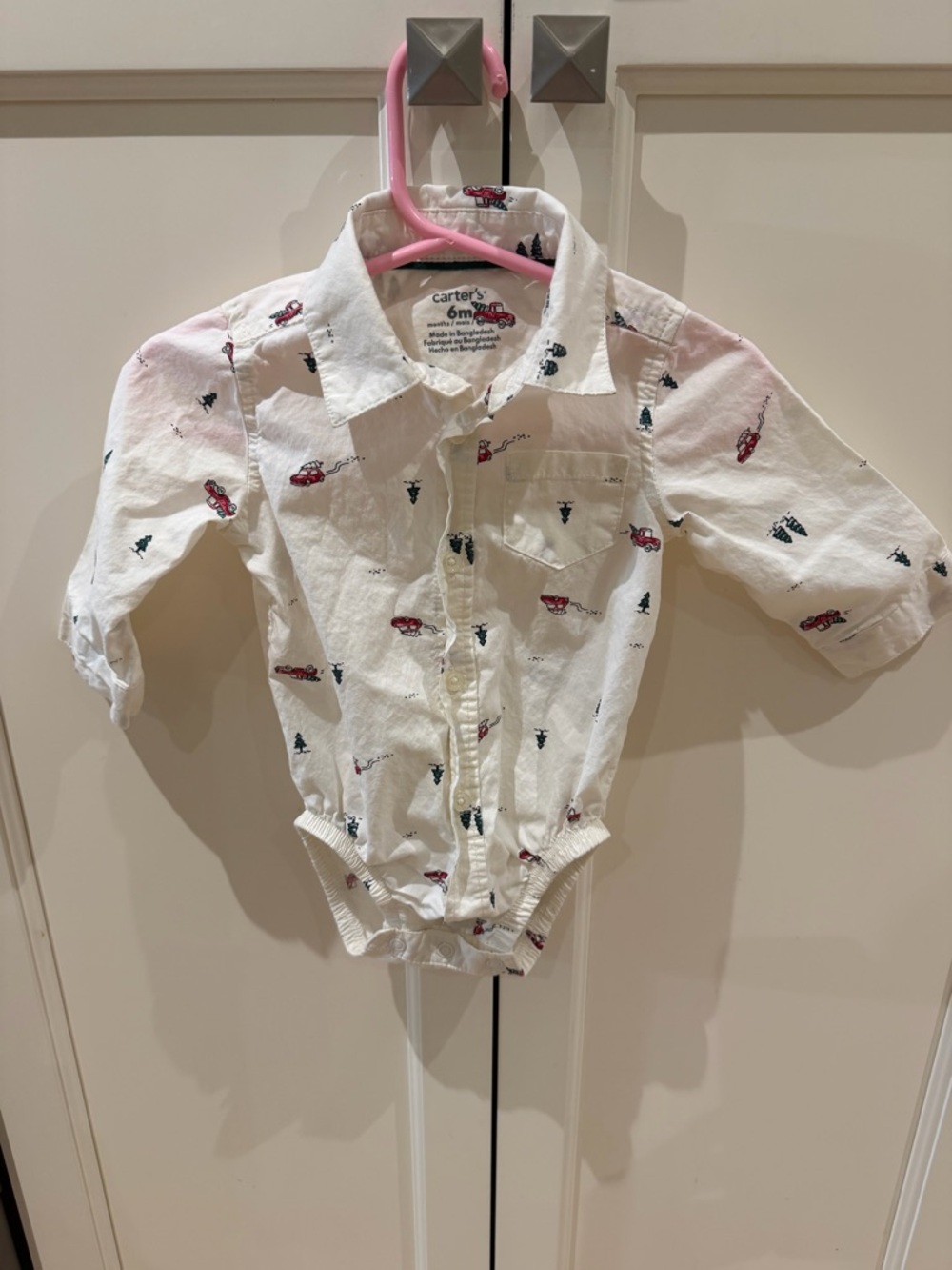 Carter's 6m  Christmas White Button-Down Red Car and Green Tree Print